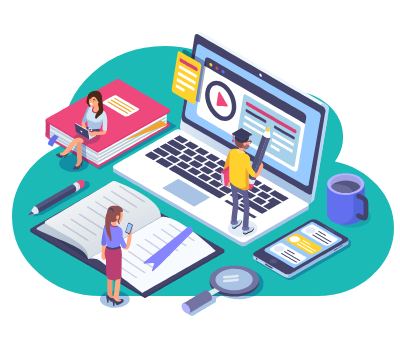 Isometric cartoon showing people using a laptop