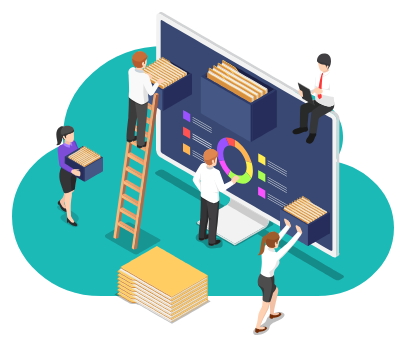 Cartoon in isometric style showing people working on a PC