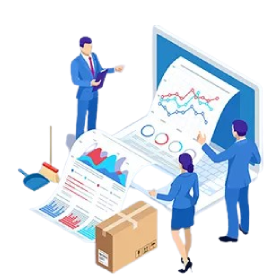Isometric graphic of a laptop, with printing coming out of the sceen showing graphs, and business people stood beside it analysis the data