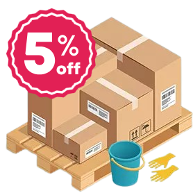 Isometric graphic of a pallet loaded with boxes, with cleaning products next to the pallet and a '5% off' stamp on the top left corner