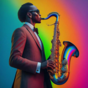 Computer-generated image of a man playing saxophone in front of a bright coloured background