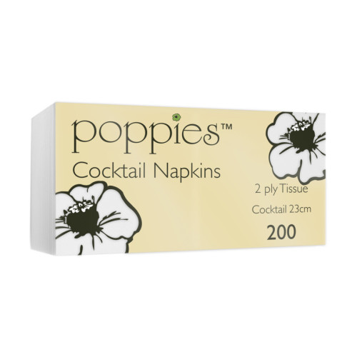 Poppies Cocktail Napkins - 2 Ply - White - 23cm - Pack of 4000