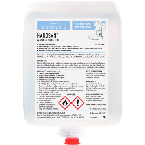 Evans Vanodine Hand Sanitiser Handsan Cartridge - 1L
