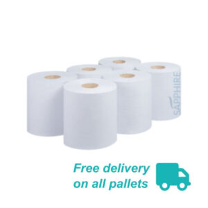 SP4920Pallet20Logo.jpg Sapphire White 2 Ply Centrefeed 150m Pallet of 77 Cases